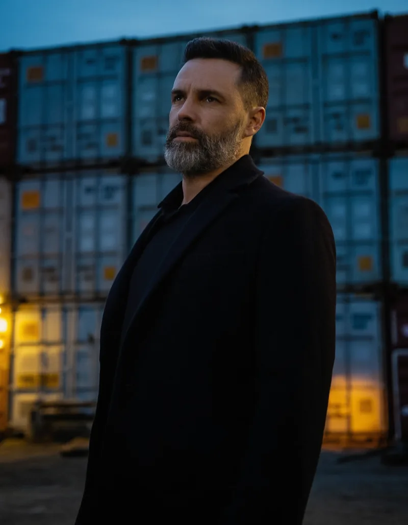 Malte Cordsen standing in front of stacked shipping containers at dusk